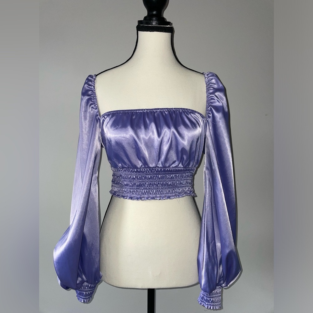 AFRM Purple Satin Long Puff Sleeve Smocked Cropped Blouse - Picture 1 of 3